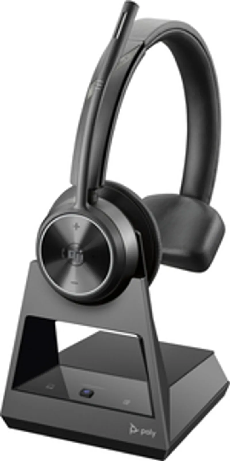 Casque Poly Savi 7310 Mono DECT Teams USB-A posé sur sa base de recharge noire avec voyant bleu allumé et micro flexible.