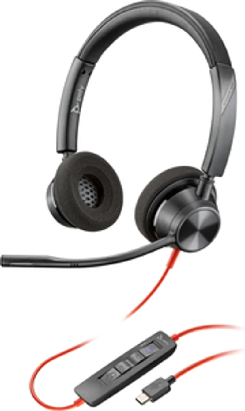 Poly Blackwire 3320 Stereo-Headset mit Mikrofonarm, schwarzes USB-C/A-Kabel mit Fernbedienung für Microsoft Teams.
