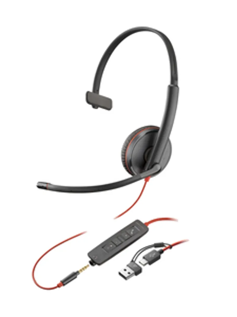 Poly Blackwire 3215 Mono-Headset mit USB-C/A/3,5mm-Anschluss, schwarzes Headset mit Mikrofonarm, Lautstärkeregler und