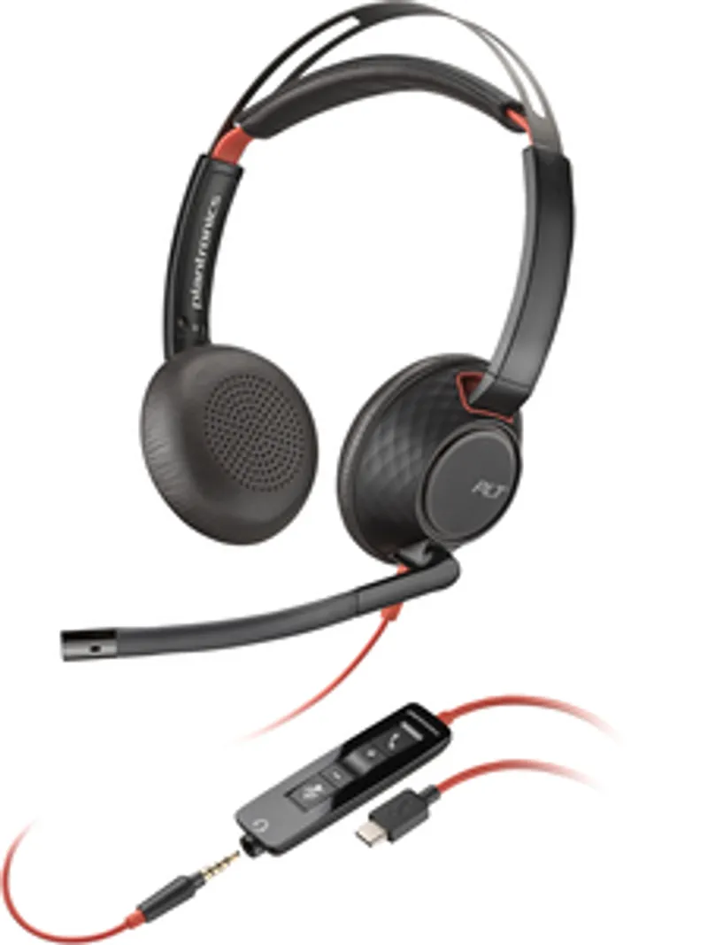 Casque stéréo Poly Blackwire 5220 avec micro-casque et câbles rouges USB-C, 3,5 mm et télécommande pour Teams.