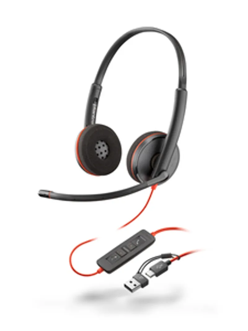 Poly Blackwire 3220 Stereo-Headset mit USB-C/A-Anschluss, schwarzes Headset mit Mikrofonarm, roter Kabelverbindung und