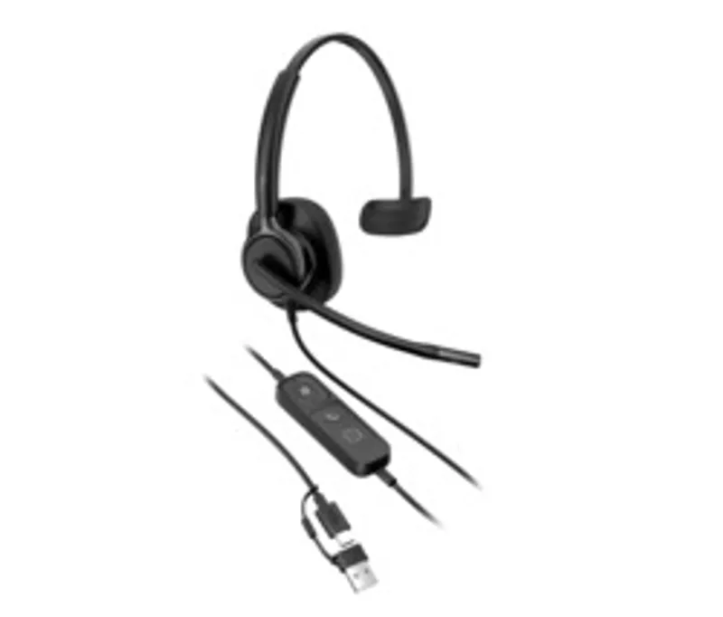 Casque Poly Mission 415 Classic Mono noir à écouteur unique avec micro flexible et câble USB-A pour équipes en réunion.