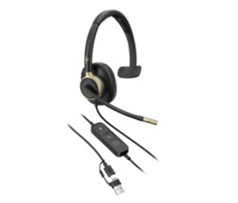 Poly Mission 815 Mono Teams USB-C/A Headset mit schwarzem Design, goldener Ohrmuschel und flexiblem Mikrofon für Büro und