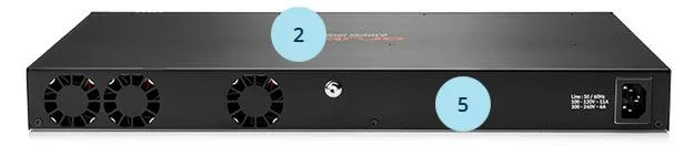 HP Switch 1000Mбит 48xTP 4xSFP+ 6200F-48G с PoE задняя панель с вентиляторами и разъёмами питания для сетевой инфраструктуры.