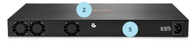 HP Switch 1000Mбит 48xTP 4xSFP+ 6200F-48G с PoE задняя панель с вентиляторами и разъёмами питания для сетевой инфраструктуры.