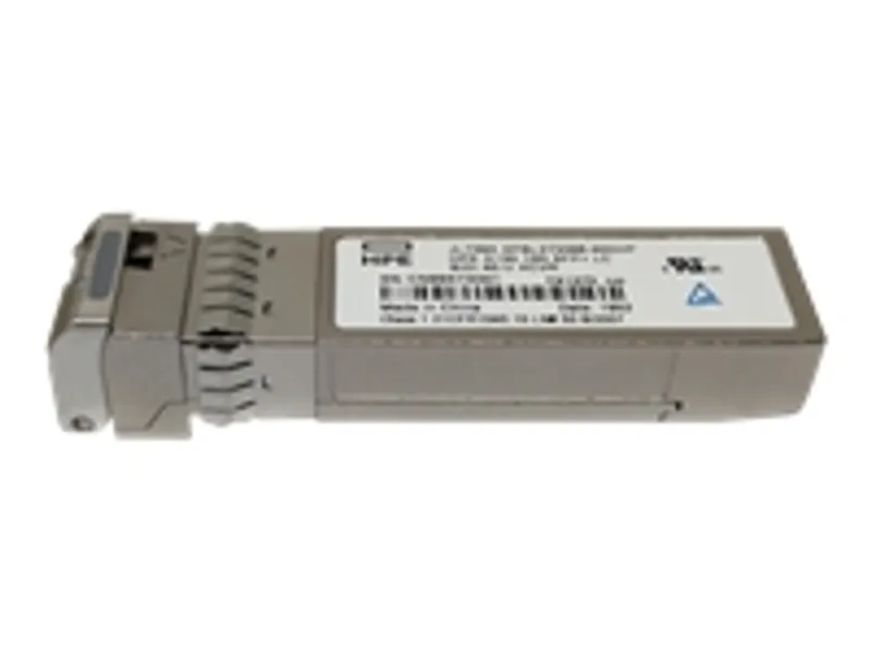 HP SFP+ transceiver, silver 10GB LC BiDi 40km-Uplink module in side profile with HPE label and metal connector housing.