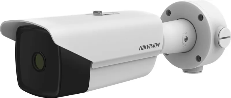 Caméra thermique fixe IP Hikvision DS-2TD2138-10/QY, style bullet blanc avec objectif circulaire, montée sur support