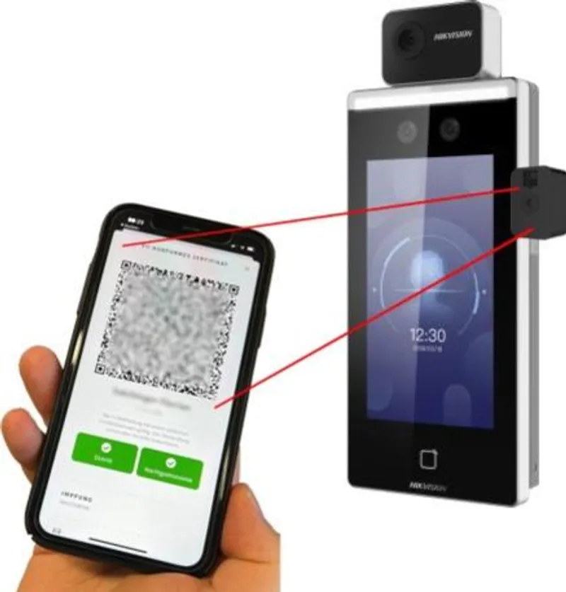 DS-KAB6-QR, escáner de código QR mostrando interfaz de verificación de certificado COVID europeo con teléfono móvil y