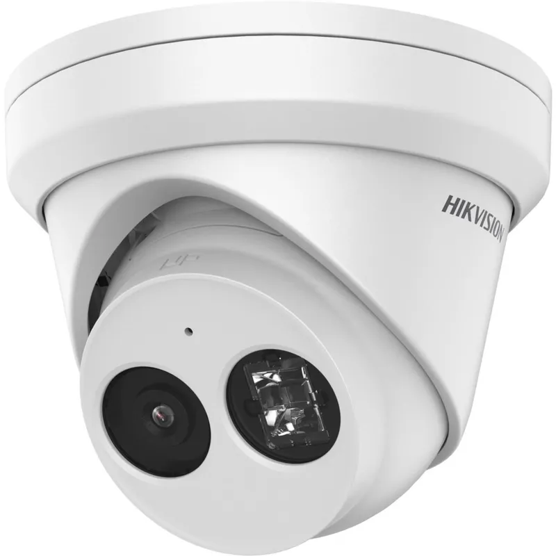 White Hikvision DS-2CD2343G2-I(U) 4MP IP turret security camera angled upward, showing its black lens, IR illuminator, and