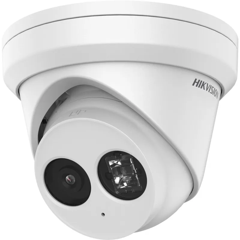 Weiße Hikvision DS-2CD2383G2-I(U) 8MP IP-Turret-Kamera mit IR-LEDs und Objektiv in Schrägansicht von unten.