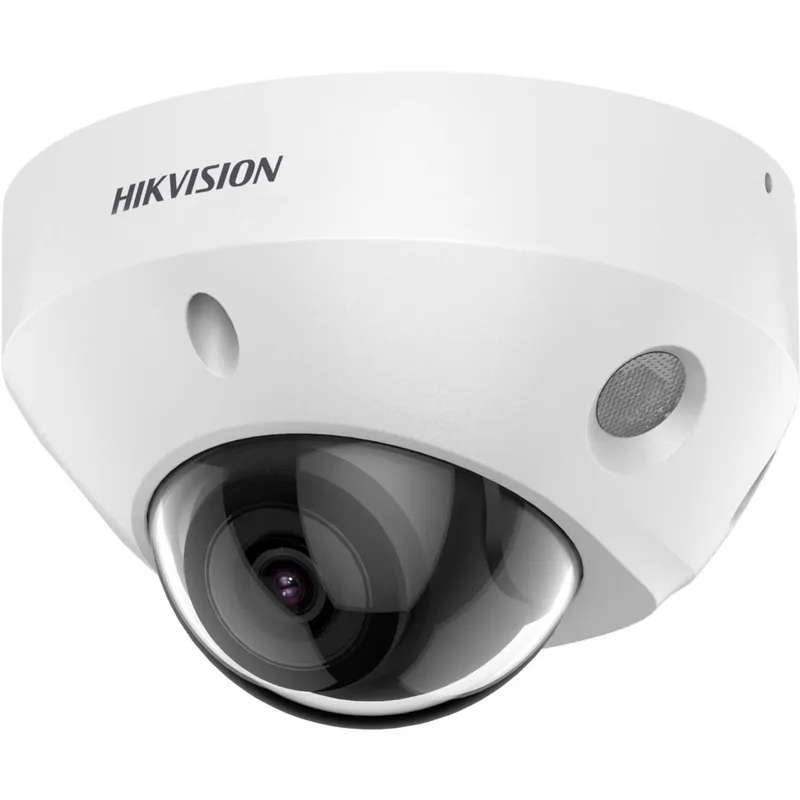 White Hikvision DS-2CD2583G2-I(S) 8MP dome security camera with black lens housing and brand logo, shown from a low angle
