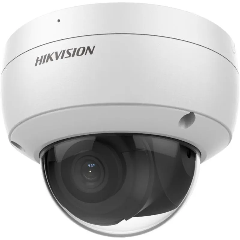 Weiße Hikvision DS-2CD2123G2-IU(D) 2MP IP-Dome-Kamera mit rauchgrauer Kuppel, IP67 und PoE in Nahaufnahme vor weißem