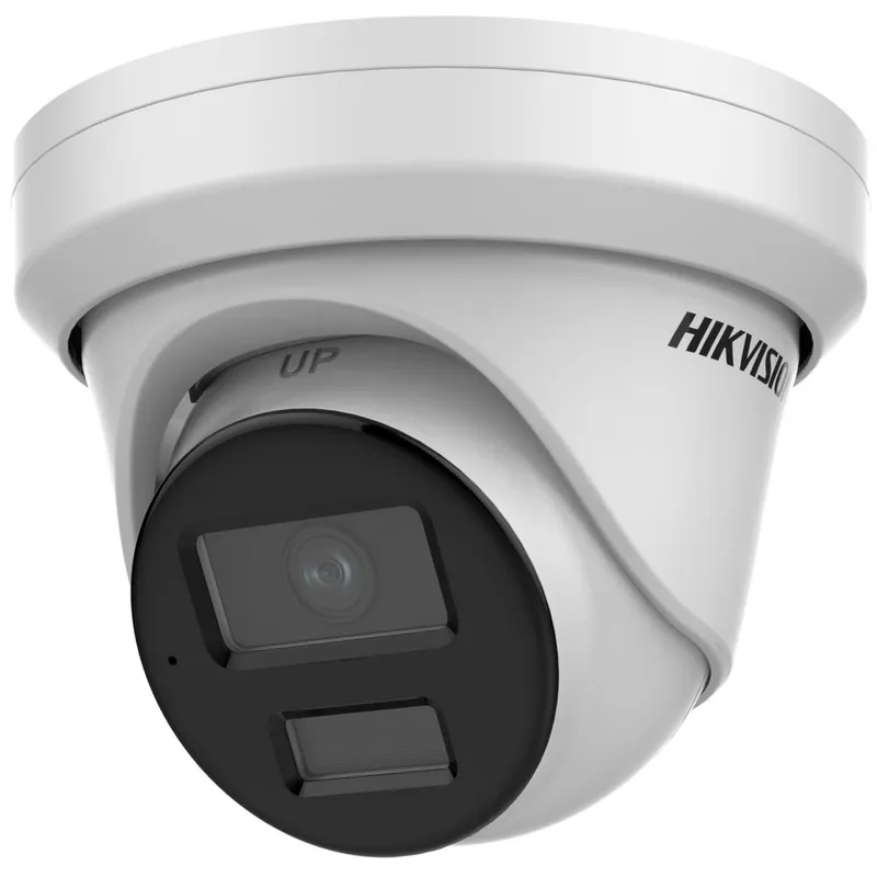 White Hikvision DS-2CD3386G2-ISU(H)(eF) 8MP IP turret security camera with black lens face, angled downward for outdoor