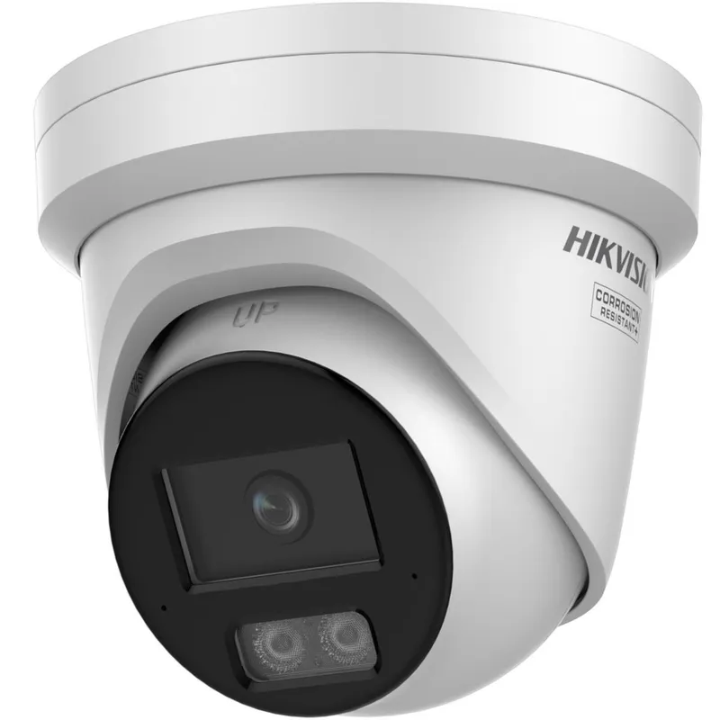 Weiße Hikvision DS-2CD2347G3-LI(2U)Y 4MP Turret-IP-Kamera mit schwarzem Frontpanel, Hybridlicht und Korrosionsschutz von