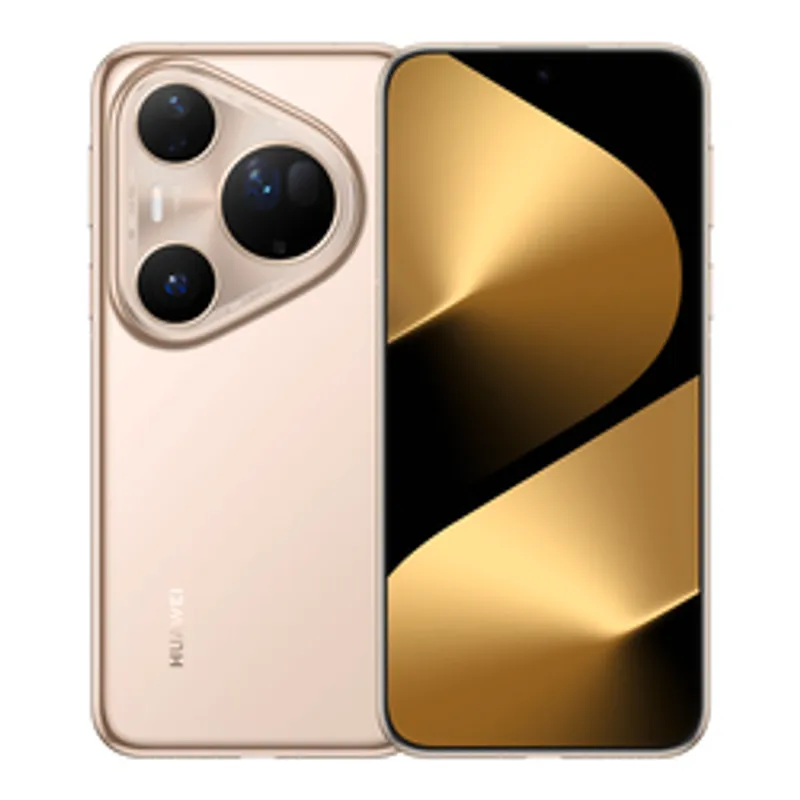 Huawei Pura 80 Ultra in Prestige Gold, rear and front views with triangular triple-lens camera and abstract gold-black