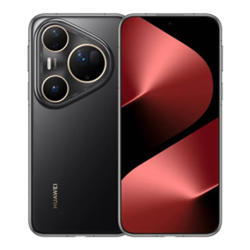 Huawei Pura 80 Ultra Golden Black smartphone, front and rear views with triangular camera module and abstract wallpaper
