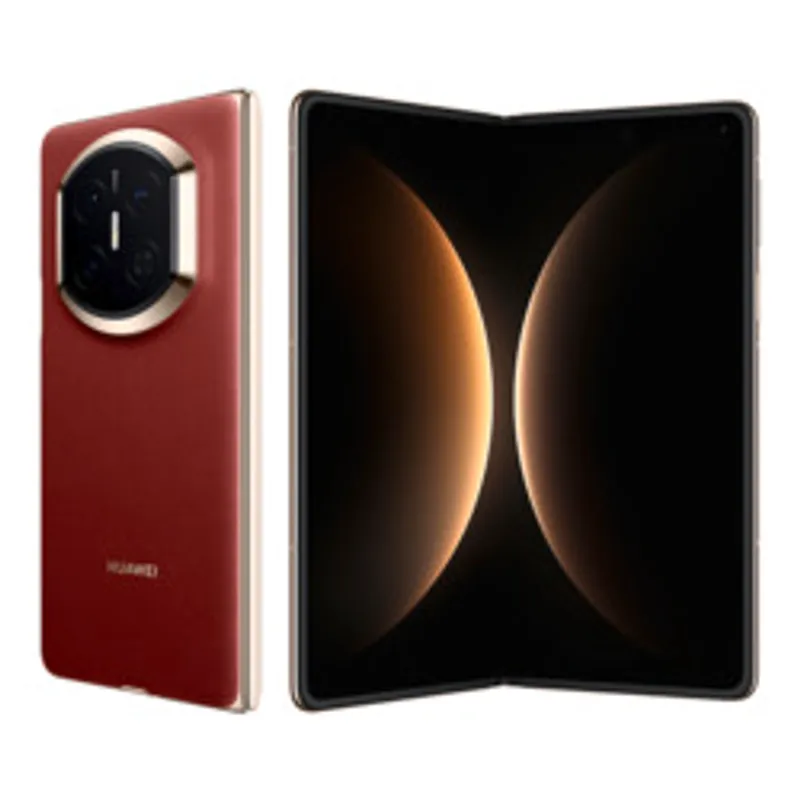 Huawei Mate X7 Nebula Red foldable smartphone shown closed with red leather back and gold camera, and unfolded with large