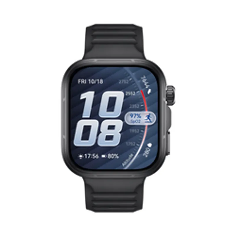 Huawei Watch Fit 5 Pro with black fluoroelastomer strap displaying 10:08, health metrics, and Friday 10/18 on a rectangular