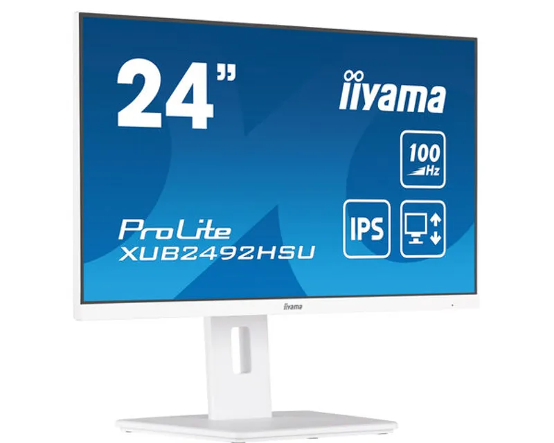 Монитор IIYAMA XUB2492HSU-W6 белого цвета на белой подставке с экраном 23,8 дюйма, отображающим логотип, характеристики 100