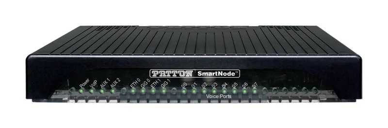Passerelle VoIP Patton SmartNode 4141 2FXS vue de face avec ports Gigabit Ethernet et voyants LED verts pour appels VoIP.