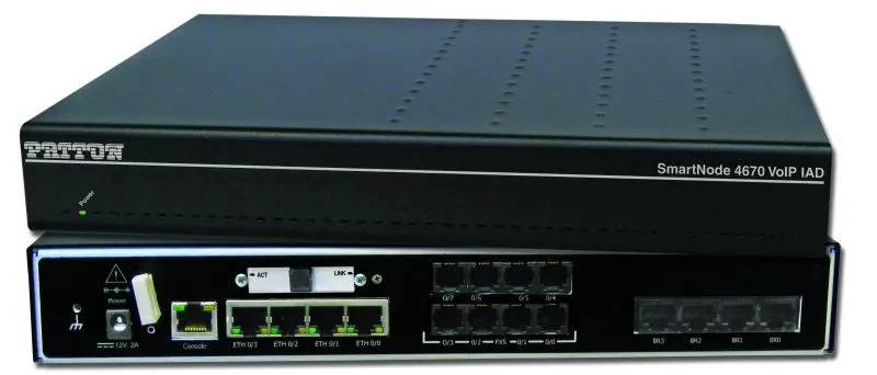 Паттон SmartNode 4671 EFM IAD с 2 BRI и 4 FXS портами два устройства вид спереди и сверху с индикатором питания и разъемами