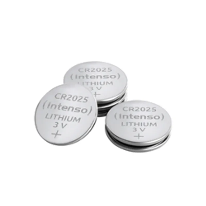 Batterie al litio Intenso Energy Ultra CR 2025 in blister da 6 pezzi con tre pile visibili in primo piano e una inclinata a