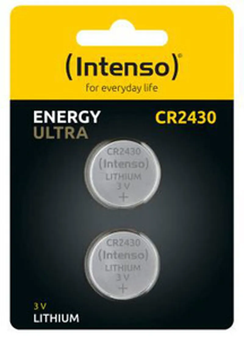 Intenso Lithium-Knopfzellen Energy Ultra CR 2430 3V im 2er-Blister mit zwei silbernen Batterien in durchsichtiger Verpackung