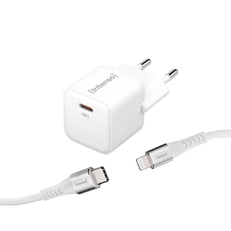 Intenso Power Adapter 30W, USB-C mit Lightning-Kabel, weißer Ladegerät mit zwei runden Stiften und sichtbarem