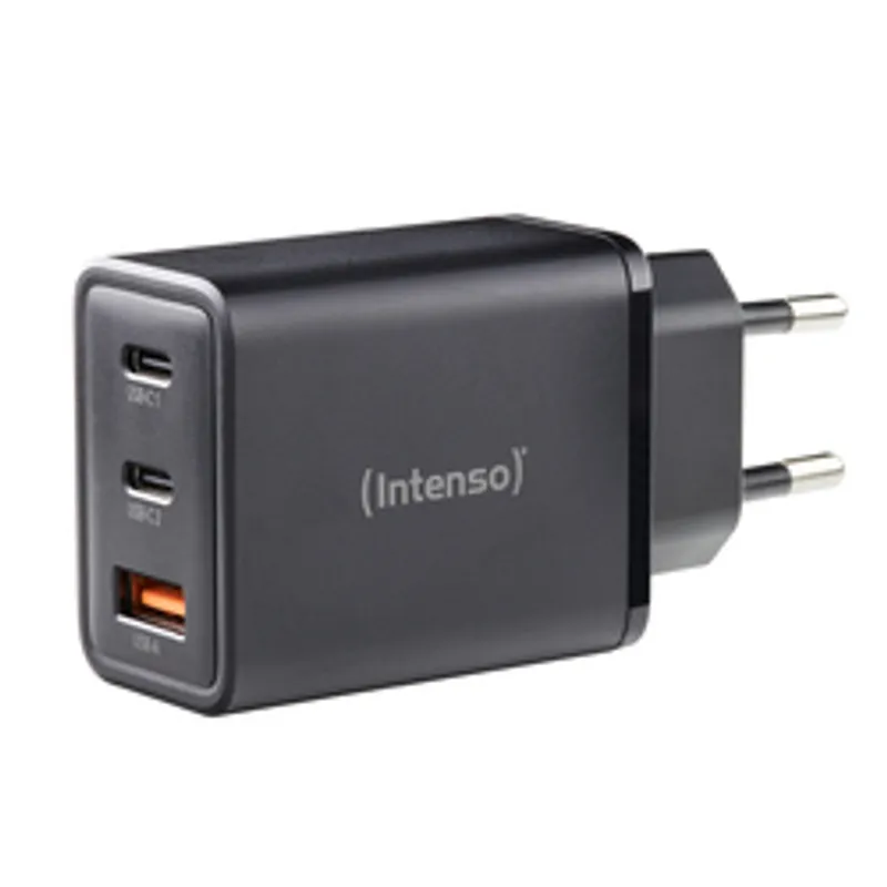 Adaptador de corriente Intenso Power 65W GaN negro con dos puertos USB-C y uno USB-A, enchufe europeo de dos patillas, logo