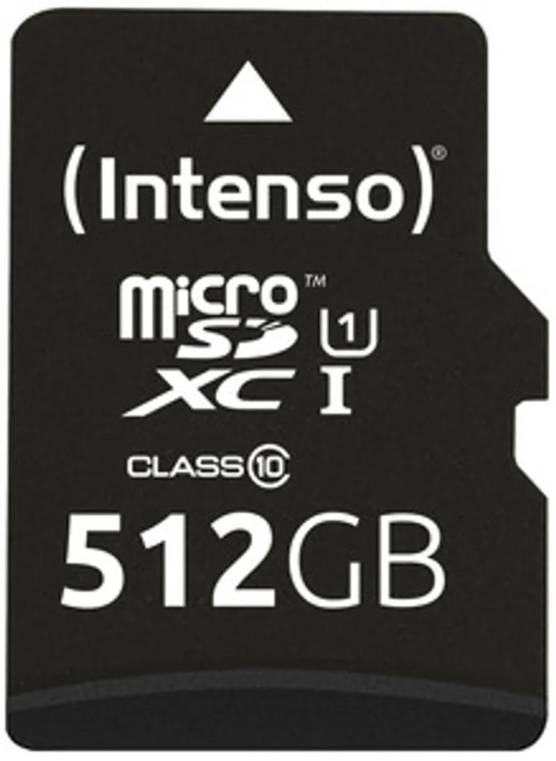 Scheda microSDXC Intenso 512GB Class10 UHS-I Premium con adattatore SD mostrata in primo piano su sfondo neutro con