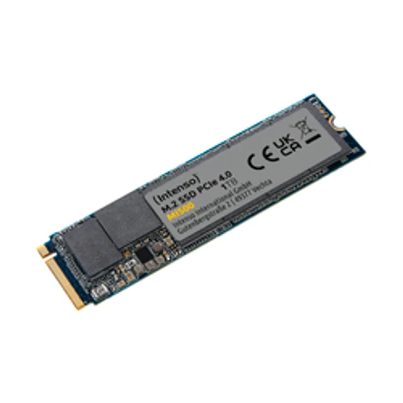 Intenso M.2 SSD MI500 1TB Gen4 NVMe PCIe 4.0 drive with gold connector and labeled circuit board on white background.