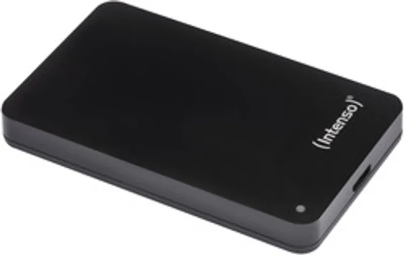 Black Intenso 2TB 2.5" external hard drive enclosure in angled top view with white logo and USB 3.0 port.