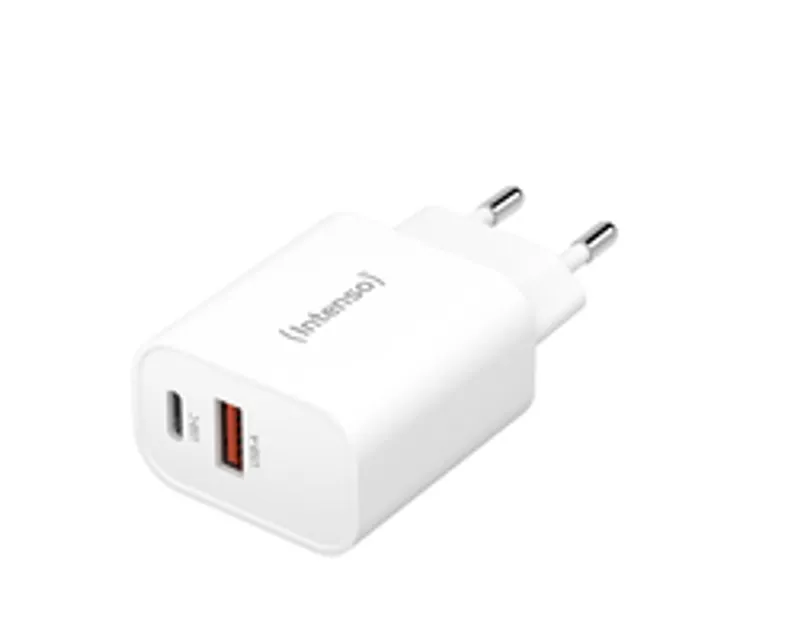 Intenso Power Adapter 1x USB-A/1x USB-C 30W White, front view showing USB-C and USB-A ports with orange interior, brand