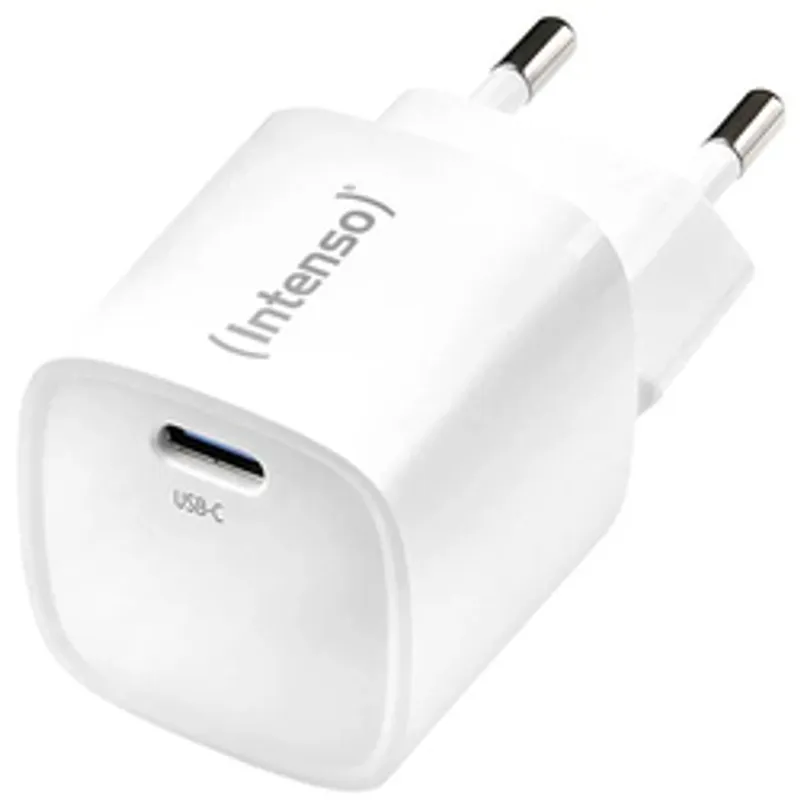 Intenso Power Adapter 1x USB-C 30W W30C2 GaN White, weißer Netzadapter mit USB-C-Anschluss und grauer Markenaufschrift auf