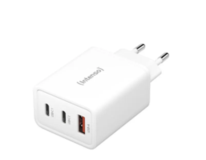 Adattatore di potenza Intenso con 1 porta USB-A e 2 porte USB-C da 65W in bianco, spina europea a due pin visibile sul