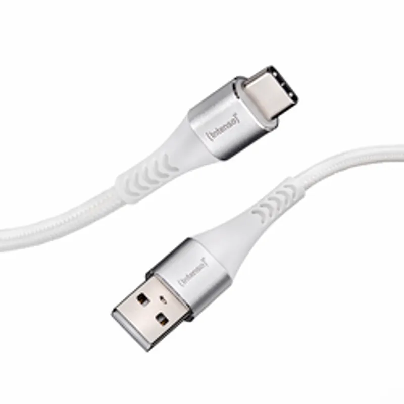 Cable Intenso USB-A a USB-C de 1,5 m blanco con conectores metálicos y funda trenzada en disposición diagonal sobre fondo