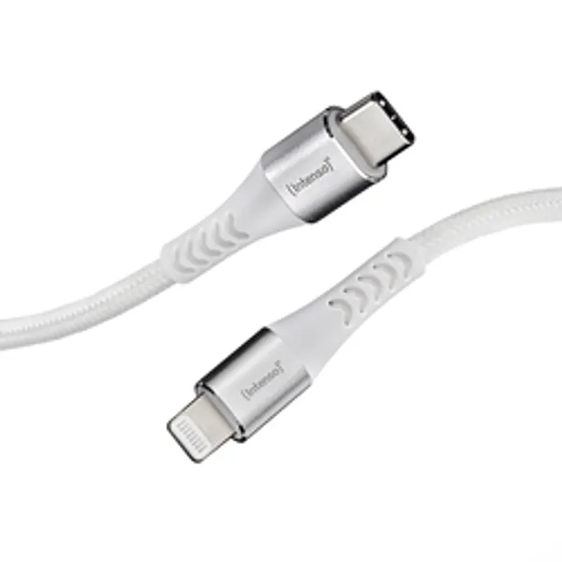 Cable Intenso USB-C a Lightning blanco de 1,5 m con conectores metálicos en disposición diagonal sobre fondo claro.