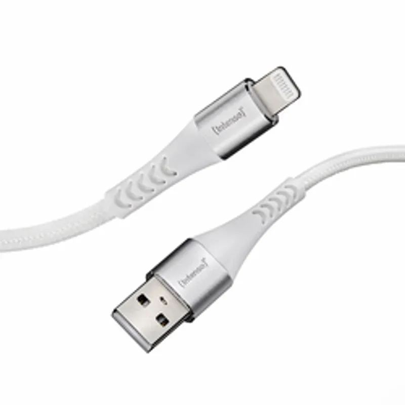 Cable Intenso USB-A a Lightning de 1,5 m blanco curvado con conectores metálicos y relieve antidesgarro sobre fondo liso.