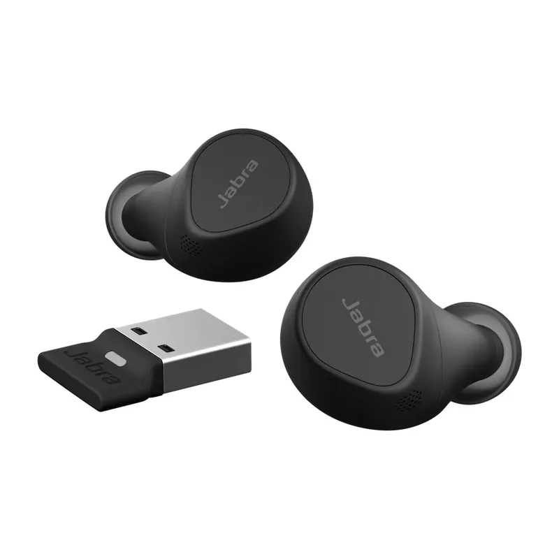 Jabra Evolve2 Buds USB-A UC, deux écouteurs sans fil noirs posés en diagonale sur fond blanc, avec logo de la marque et
