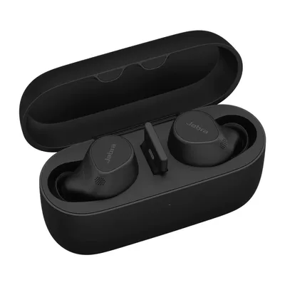 Jabra Evolve2 Buds USB-A UC, custodia di ricarica aperta con auricolari wireless e dongle USB-A, vista angolata della base Jabra Evolve2 Buds USB-A UC, custodia di ricarica aperta con auricolari wireless e dongle USB-A, vista angolata della base