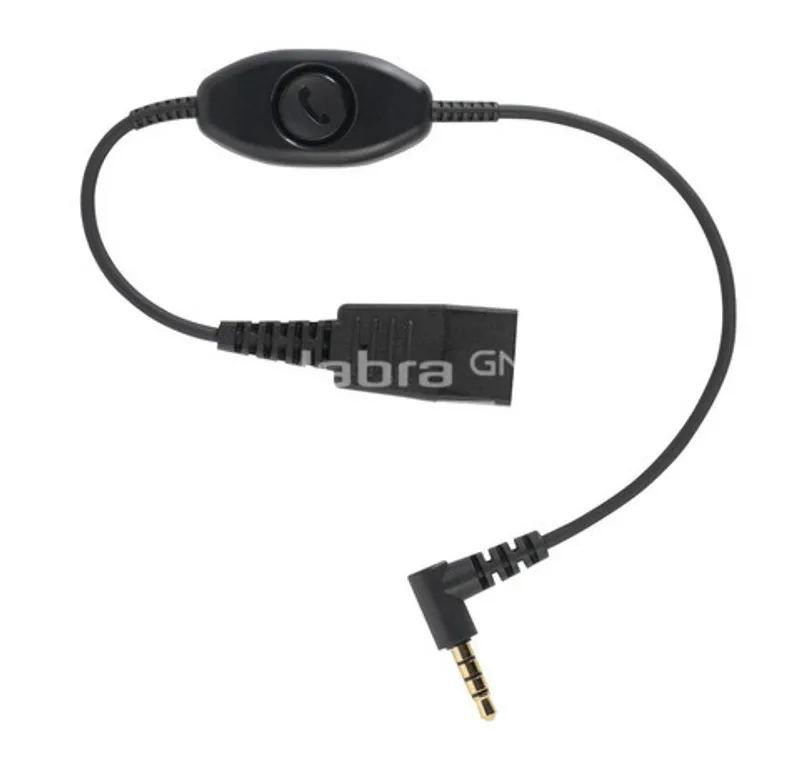 Cable adaptador Jabra QD a 3,5mm con botón push-to-talk integrado, conector rectangular GN y jack dorado en ángulo para
