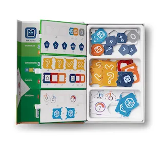 KUBO Coding++ Set open box with coding tiles, arrow cards, function tags, and instruction booklet for hands-on STEM learning KUBO Coding++ Set open box with coding tiles, arrow cards, function tags, and instruction booklet for hands-on STEM learning