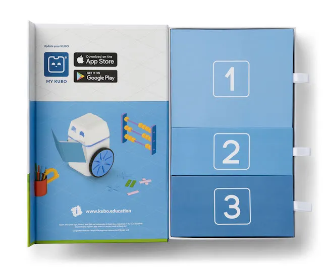 KUBO Coding Math Set box opened to reveal app download links, a KUBO robot illustration with math symbols, and three KUBO Coding Math Set box opened to reveal app download links, a KUBO robot illustration with math symbols, and three