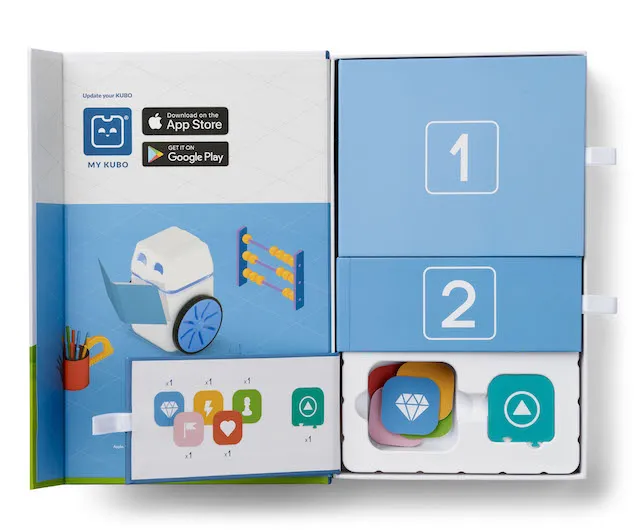 KUBO Coding Math Set open box with illustrated robot, app badges, and trays of coding tiles including diamond, play, and KUBO Coding Math Set open box with illustrated robot, app badges, and trays of coding tiles including diamond, play, and