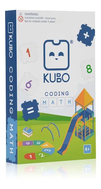 KUBO Coding Math Set box in 3/4 view showing front with robot logo, coding tiles, math symbols, playground slide, and age KUBO Coding Math Set box in 3/4 view showing front with robot logo, coding tiles, math symbols, playground slide, and age
