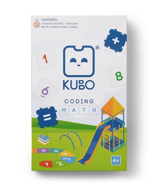 KUBO Coding Math Set box displaying blue and white coding tiles with numbers and math symbols alongside a playful KUBO Coding Math Set box displaying blue and white coding tiles with numbers and math symbols alongside a playful