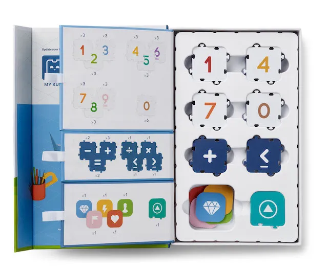 KUBO Coding Math Set without robot featuring an open box with numbered tiles, blue math symbols, and colorful function KUBO Coding Math Set without robot featuring an open box with numbered tiles, blue math symbols, and colorful function