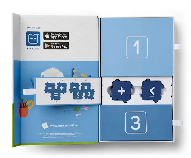 KUBO Coding Math Set box open displaying interactive math tiles with symbols, app integration, and numbered compartments KUBO Coding Math Set box open displaying interactive math tiles with symbols, app integration, and numbered compartments