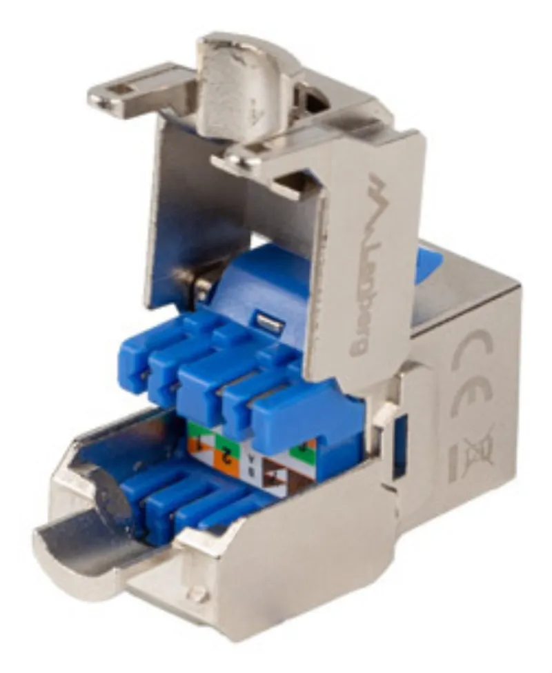 LANBERG Keystone-модуль RJ45 CAT.6 FTP без инструмента с металлическим корпусом и синими внутренними элементами, вид сбоку