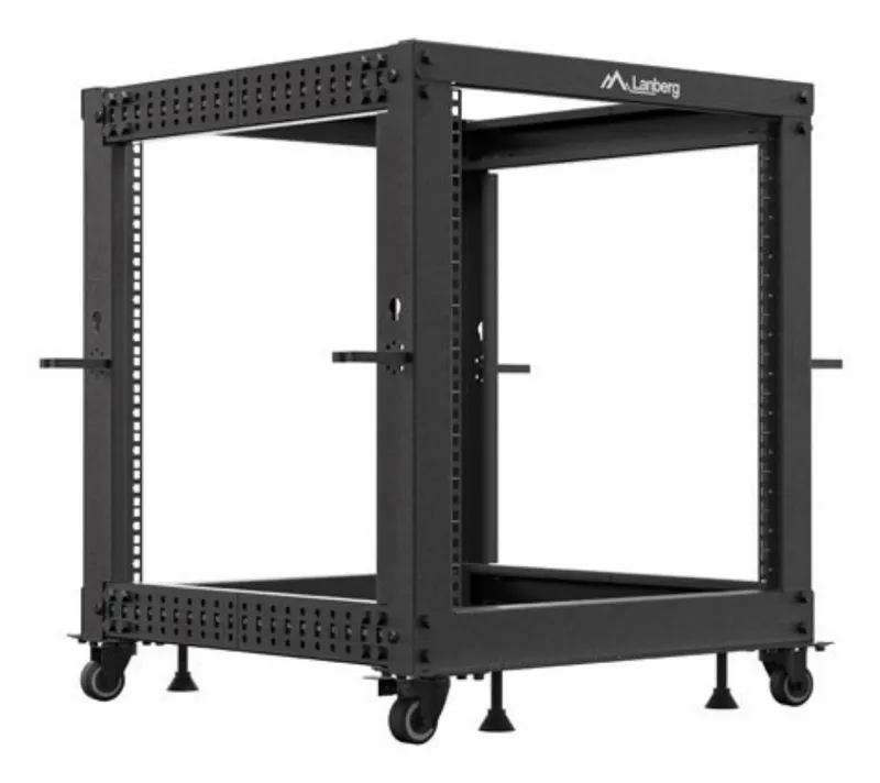 Rack serveur LANBERG 19" 12U ouvert noir 600x600-1100 mm avec rails réglables, roues et pieds de nivellement pour